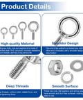 Product details of Ten Pack M6 Stainless Steel Eye Bolts With Nuts And Washers, showing material, design, threads, and surface.