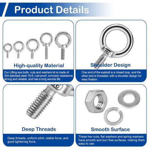 Product details of Ten Pack M6 Stainless Steel Eye Bolts With Nuts And Washers, showing material, design, threads, and surface.