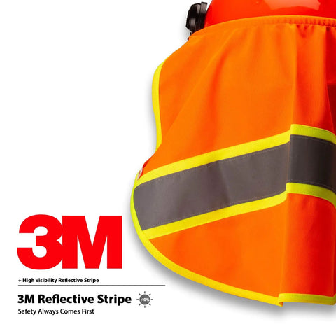 Solid Knitted Neck Shade For Forestry Safety Helmets With 3M Reflective Patch and bright orange fabric visible with reflective stripes.