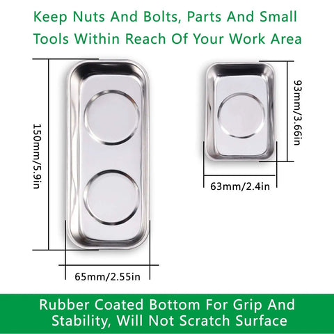 4 Piece Magnetic Tool Tray Set With Red Wristband And 15 Mighty Magnets, Stainless Steel Trays in small and large sizes