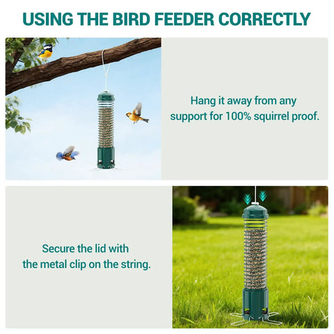Squirrel Proof Metal Bird Feeder For Outdoors Hanging With 3.6 Lb Seed Capacity installed on a tree and in a garden.