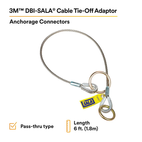 Job Ready Anchorage Connector Pass Thru Tie Off Adaptor For Safety Harnesses Six Foot Stainless Steel Cable with O Ring Hardware