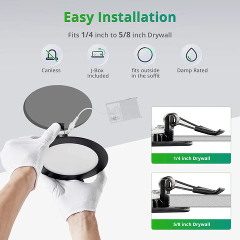 Hands installing Six Inch Recessed Lighting Kit With Six Color Temperature Modes 2500K To 5000K Dimmable 1100 Lumens 12W Black with J-Box