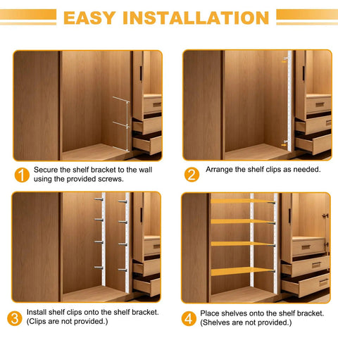 Installation guide for Eight Pack Adjustable Shelf Brackets For Thirty Five Point Four Inch Shelf Track including steps and tools