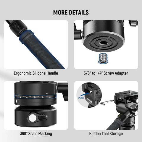 Heavy Duty Fluid Video Head With Adjustable Leveling Base And Arca Type Quick Release Plate Telescopic Grip ergonomic handle and 360 degree scale marking.