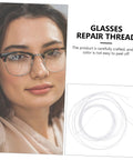 Woman wearing glasses with eyeglass repair thread shown, featuring durable white thread for easy maintenance and quick fixes.