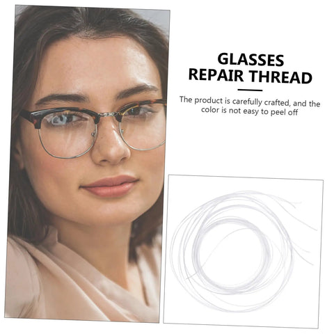 Woman wearing glasses with eyeglass repair thread shown, featuring durable white thread for easy maintenance and quick fixes.
