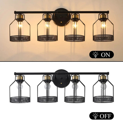 Industrial Farmhouse 4 Light Vanity Sconce With Vintage Edison Bulbs Black Metal Cage Shade Wall Mounted Bathroom Lighting, on and off view, black metal cage, four lights