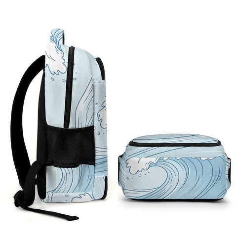 Side view of Pastel Watercolor Ocean Wave Print Unisex Backpack Large Capacity Durable Polyester Daypack with padded straps