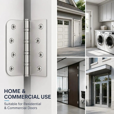 4x4 Inch Door Hinges With Ball Bearing, Built To Last, Stainless Steel, Brushed Nickel Finish, Smooth Quiet Operation, Square And Five Eighths Inch Radius Corners, 3 Pack with various door applications