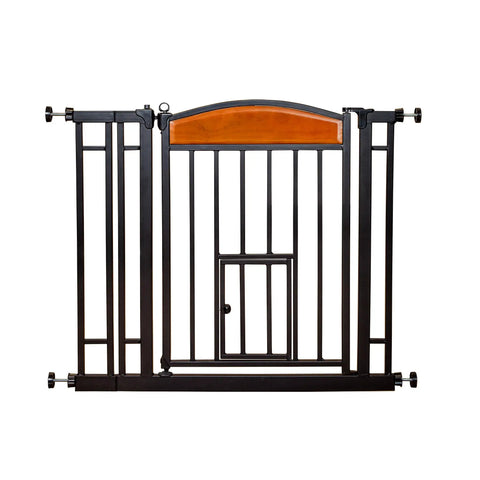 Walk Through Pet Gate With Cherry Wood Accents And Black Finish, Sturdy Metal Frame, Expands From 30.5 To 33.5 Inches, 30 Inch Tall