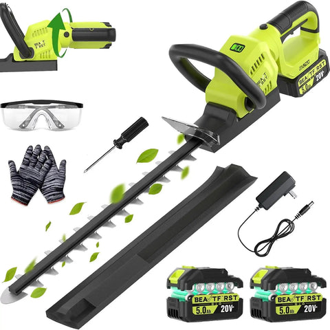 20V Cordless Hedge Trimmer With 2X5.0Ah Batteries And Charger, 20 Inch Electric Tree And Grass Trimmer With Rotatable Handle, accessories visible