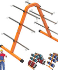 No Sweat Portable Wire Spool Rack And Cable Dispenser With Six Adjustable Steel Rods holding wire spools in a sturdy orange frame.
