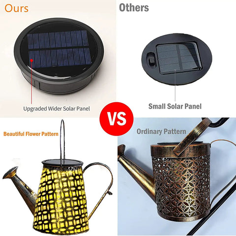 Comparison of solar panel sizes and patterns on Solar Watering Can Garden Decor With Outdoor Lights Waterproof Hanging Lantern, showing flower vs. ordinary designs.