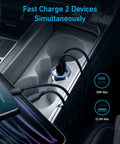 52.5W USB-C Car Charger Adapter with 30W PowerIQ 3.0 fast charging in vehicle cigarette lighter, dual devices charging.