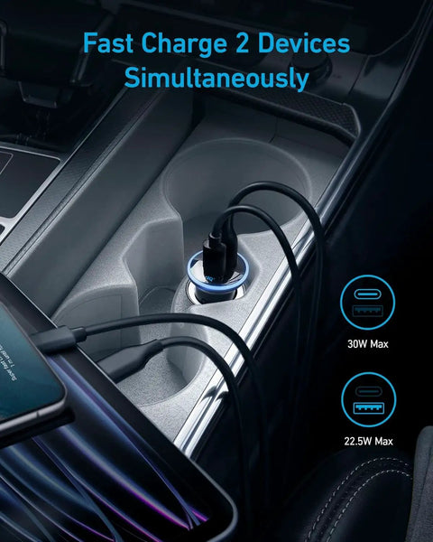 52.5W USB-C Car Charger Adapter with 30W PowerIQ 3.0 fast charging in vehicle cigarette lighter, dual devices charging.