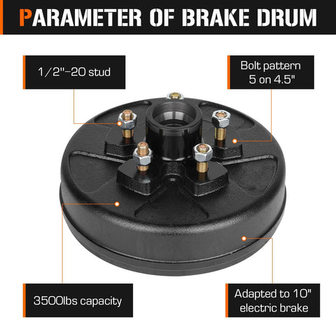 Brake drum hub for trailer axle, 5 on 4.5-in bolt pattern, 10 in diameter, 2-1/4 in wide, 3500 lb capacity