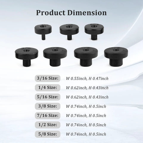 Front view of SSNNUU 7-piece double flare tool adapters set for brake lines; black plastic, sizes 3/16-5/8 in.