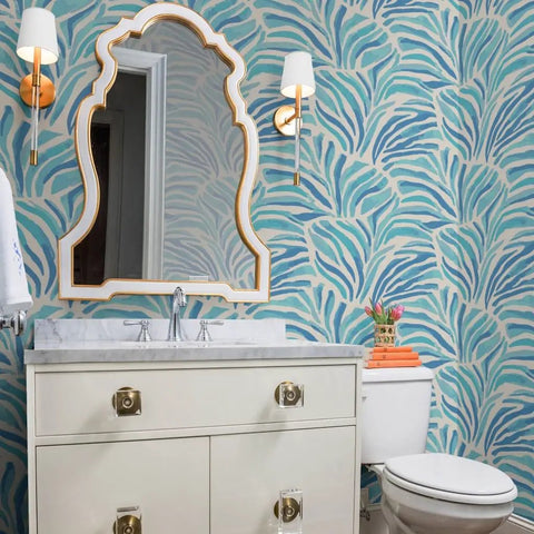 Modern Animal Print Vinyl Wallpaper Delivers Slick Leather Texture And Tough As Nails Durability For Busy Commercial Spaces And Gets Custom Printed For Your Walls in a bathroom with a mirrored vanity.