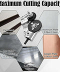Electric Drill Metal Cutter Attachment Drill Nibbler Kit displayed with cutting capacities for cardboard, aluminum, iron, copper, and steel.