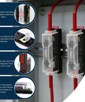 ANL Fuse Block With 35mm DIN Rail Mount And Two 300A 32VDC Fuse Holders, visible with red cables and indicator light.