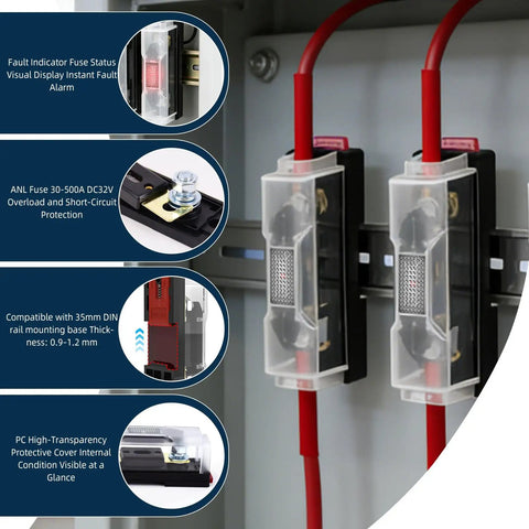 ANL Fuse Block With 35mm DIN Rail Mount And Two 300A 32VDC Fuse Holders, visible with red cables and indicator light.