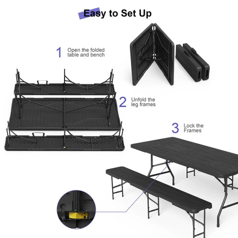 Step-by-step setup of Six Foot Folding Picnic Table Set With Two Benches HDPE Wood Pattern Top in black, showing folding and locking.