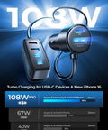 108W Pro charger for USB-C devices and new iPhone 16 showcased with fast charging capabilities and performance statistics.