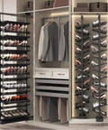 Premium Pullout Shoe Rack Organizer For Closet Adjustable Height Retractable Metal Stackable Vertical Shelf Space Saving Storage For Boots And Shoes Black in modern closet.