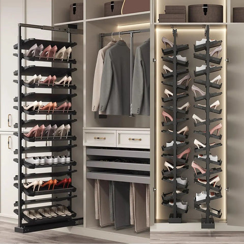 Premium Pullout Shoe Rack Organizer For Closet Adjustable Height Retractable Metal Stackable Vertical Shelf Space Saving Storage For Boots And Shoes Black in modern closet.