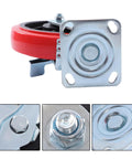 Close-up of Heavy Eight Inch Swivel Caster Wheels with red polyurethane tread and metal mounting plate for furniture.