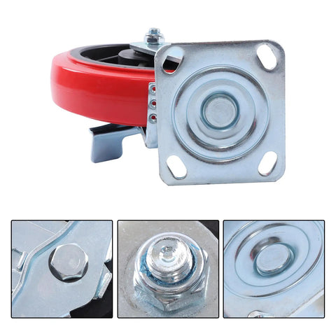 Close-up of Heavy Eight Inch Swivel Caster Wheels with red polyurethane tread and metal mounting plate for furniture.