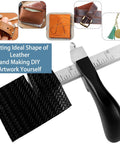 Pro Grade Leather Strap Cutter Kit with Aluminum Handle and Three Blades shown cutting black leather, ruler attached.