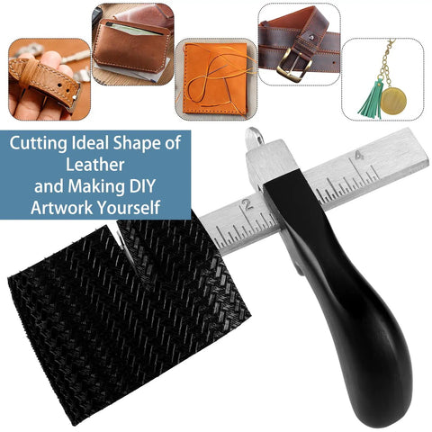 Pro Grade Leather Strap Cutter Kit with Aluminum Handle and Three Blades shown cutting black leather, ruler attached.