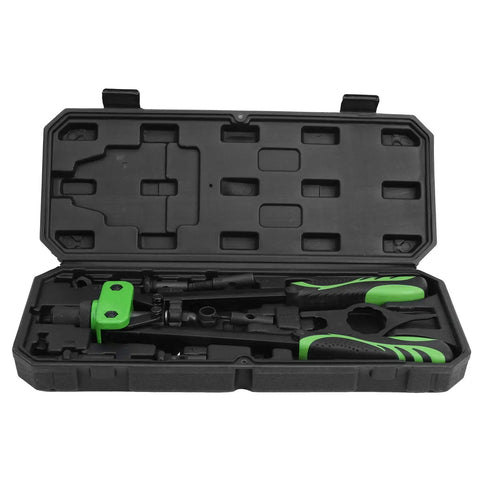 Open case showing the Rivet Nut Setting Kit with Ergonomic Rubber Grip for Comfort and Efficiency, durable alloy steel construction.