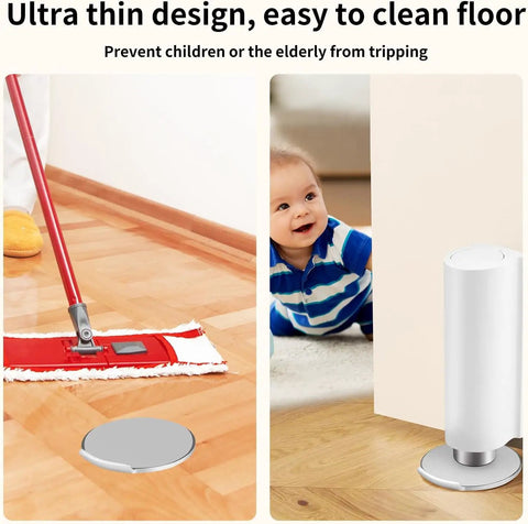 Heavy Duty Door Stopper Stainless Steel No Drilling Wedge Stopper Keeps Doors Open Even In Windy Weather For Home Office Garage Workshop Great For Homes Shops And More Easy Install showing mop cleaning floor and stopper with child interacting.