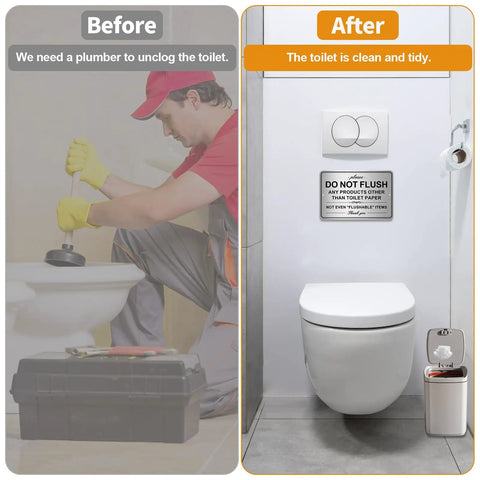 Before and after image showing Two Pack Do Not Flush Signs for Bathroom Self Adhesive Aluminum Signs above a toilet.