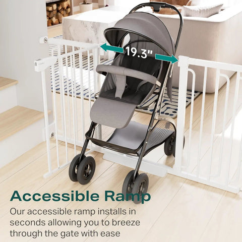 Stroller passing through Extra Wide Baby Gate For Stairs And Doorways 57 Inch Extended White Walk Through Safety Gate.