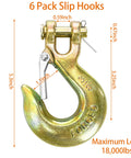 Six Pack Three Eighth Inch Clevis Slip Hooks With Safety Latch, G70 Forged Steel Chain Hooks Built Tough For Heavy Duty Tow Jobs On Trucks And Trailers, 18,000 Lb Capacity, Yellow Zinc Coated, illustrated dimensions and load capacity