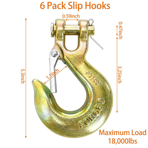 Six Pack Three Eighth Inch Clevis Slip Hooks With Safety Latch, G70 Forged Steel Chain Hooks Built Tough For Heavy Duty Tow Jobs On Trucks And Trailers, 18,000 Lb Capacity, Yellow Zinc Coated, illustrated dimensions and load capacity