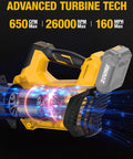 Cordless Leaf Blower For 20V DEWALT Battery, Turbo Boost Brushless Powerhouse with 650 CFM, 160 MPH airflow illustration