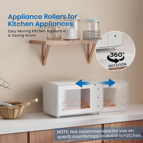 Self Adhesive Caster Wheels And Appliance Sliders For Kitchen Appliances, 360 Swivel Roller Pads shown moving a microwave for easy use.
