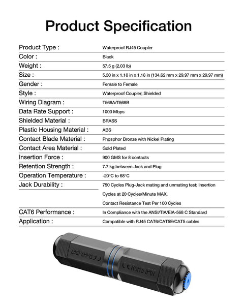 Waterproof RJ45 Coupler IP68 5.3 Inch Shielded Female To Female Ethernet Connector for Outdoor LAN Cat6 Cat5e Cat5 Cable