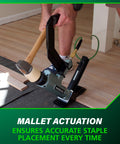 Mallet actuation on 2 In 1 Flooring Nailer And Stapler For 16 Gauge L Shaped Cleats And 15.5 Gauge One Half Inch Staples in use.