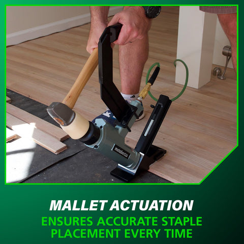 Mallet actuation on 2 In 1 Flooring Nailer And Stapler For 16 Gauge L Shaped Cleats And 15.5 Gauge One Half Inch Staples in use.