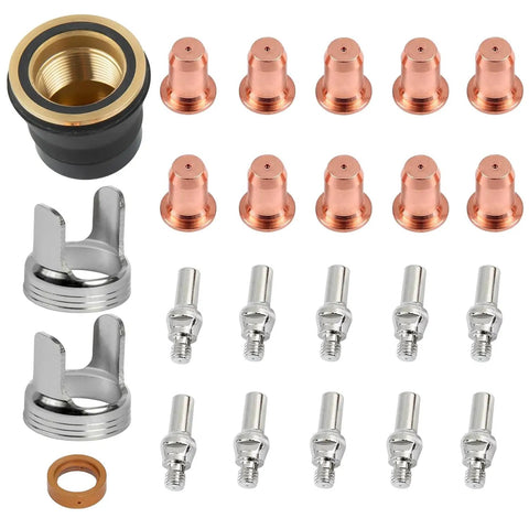 24 Piece IPT40 Plasma Cutter Consumables Kit With Quick Release Electrodes And Nozzles For 55DS Pro And 65DS Cutters, Durable Brass Zinc Alloy Stainless Steel Tips, 24 Pcs Set displayed on a table.