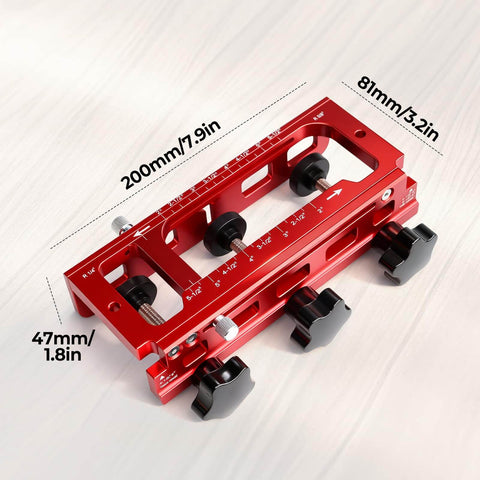 Adjustable Aluminum Door Hinge Mortise Jig Kit with dual clamps in red, 200mm by 81mm, precise positioning for hinges.