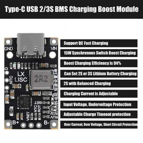 Slick Type C Usb 10 Pack 2S Bms Lithium Battery Charging Module Quickcharge Boost Power Supply 84V To 126V With Led Auto Adjust Indicator 15W circuit board.