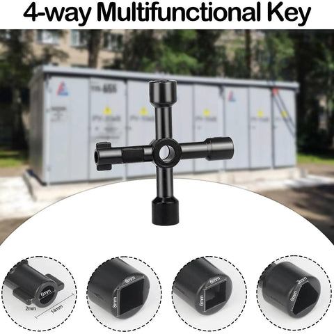 4-way multifunctional tool for opening and closing meters or valves, displaying its adjustable ends, with a focus on location adaptability.