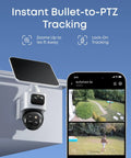 Two Camera Solar 4K Wireless Outdoor Security Kit with 360 Degree Coverage And Cross Cam Tracking shown installed on wall